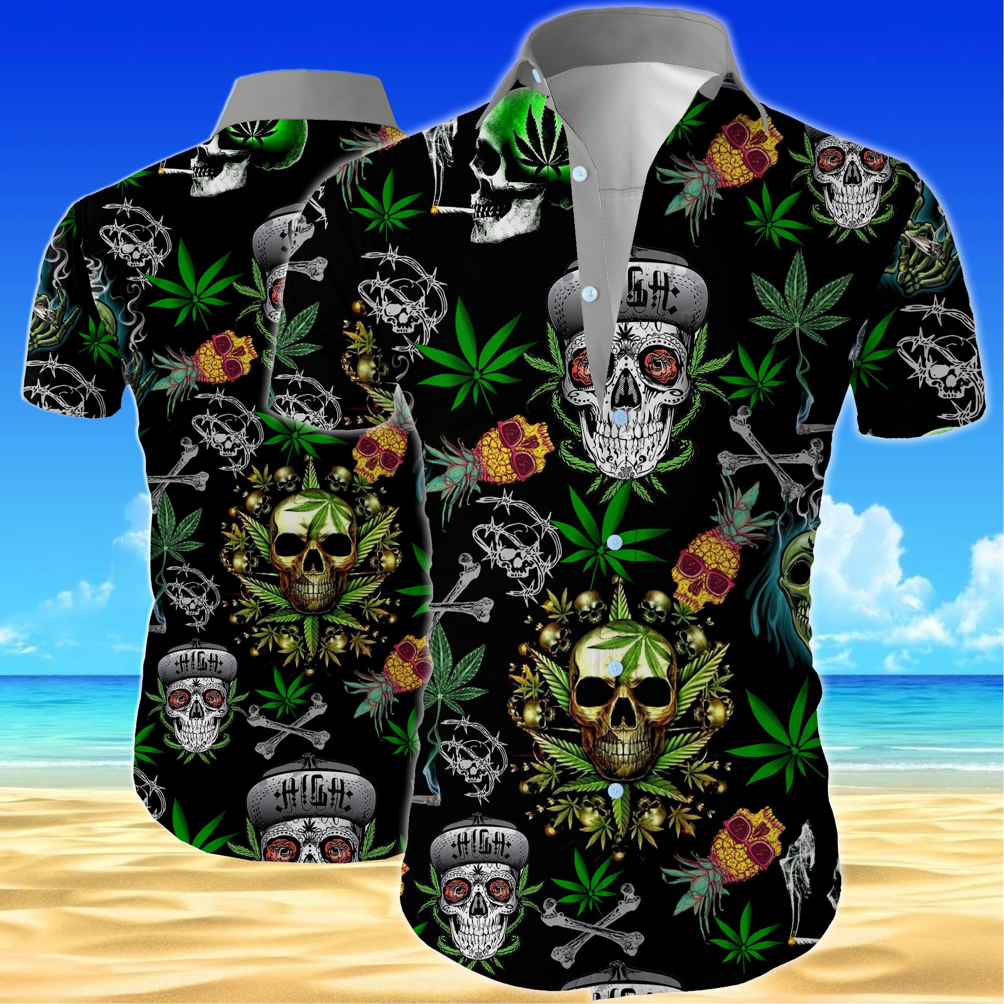 Skull cannabis all over printed hawaiian shirt.
