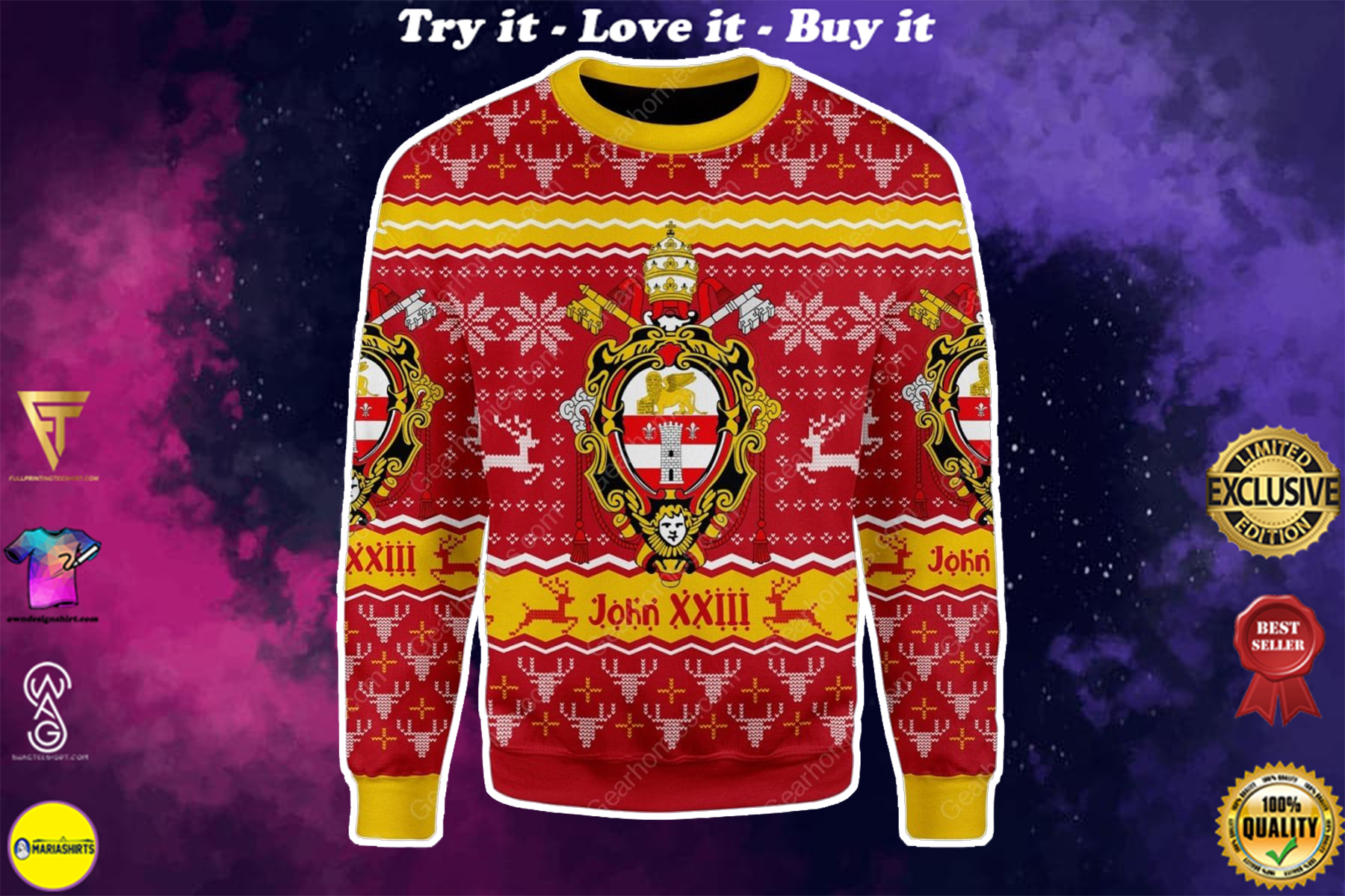coat of arms of st john xxiii all over printed ugly christmas sweater