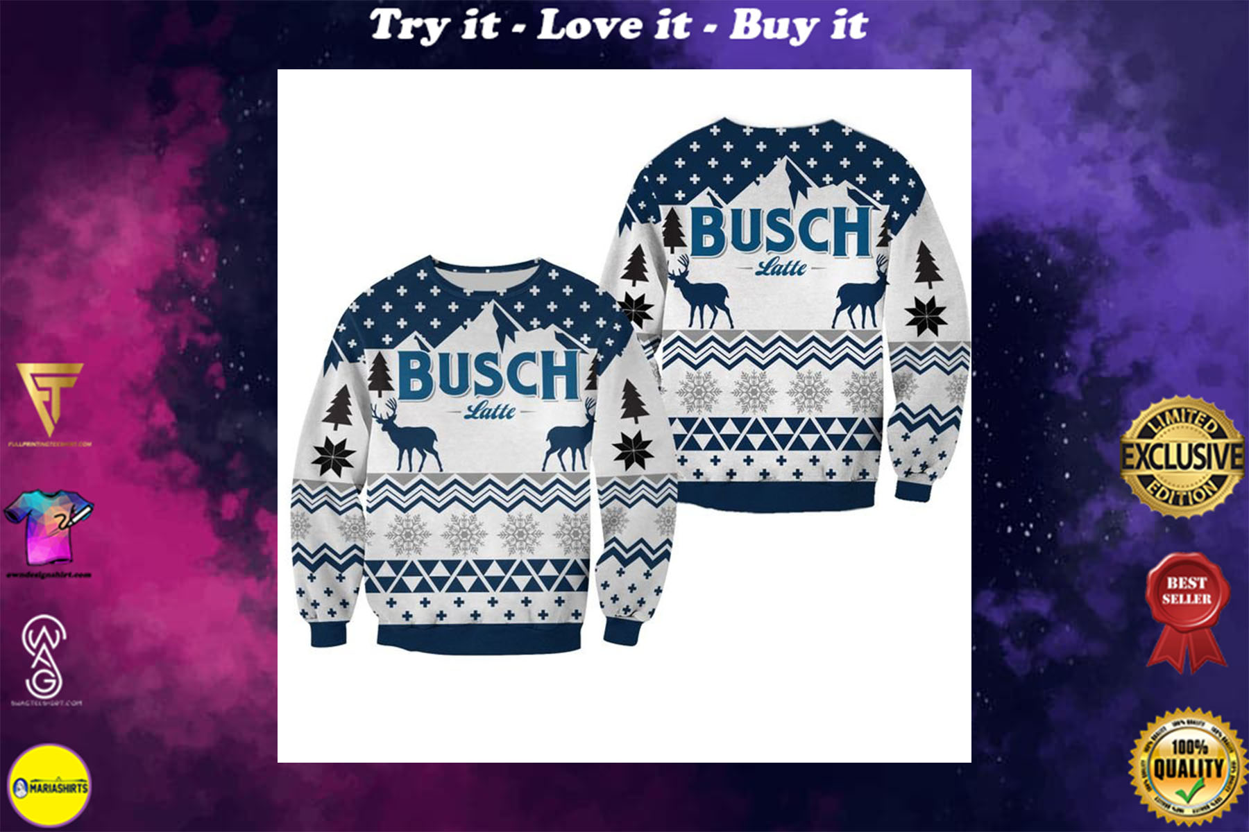 [special edition] busch light beer deer all over printed ugly christmas sweater – maria