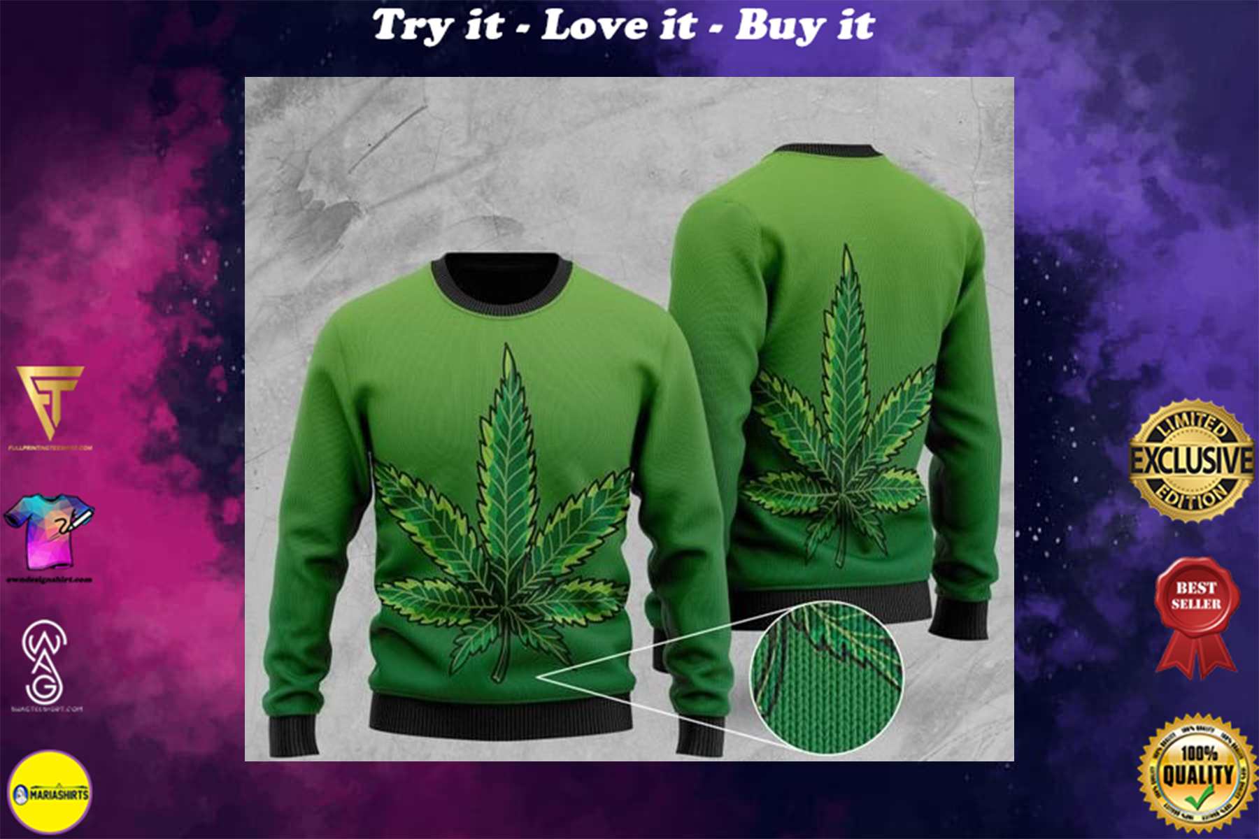 [special edition] marijuana cannabis all over printed christmas ugly sweater – maria