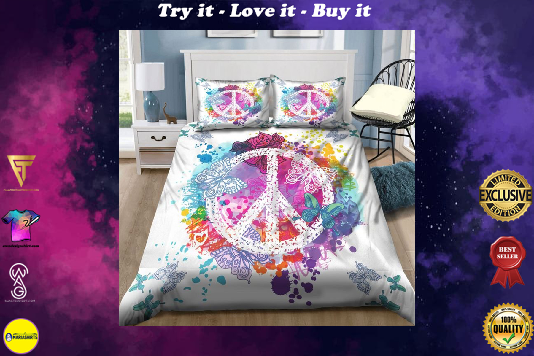 hippie peace symbols and butterfly watercolor bedding set