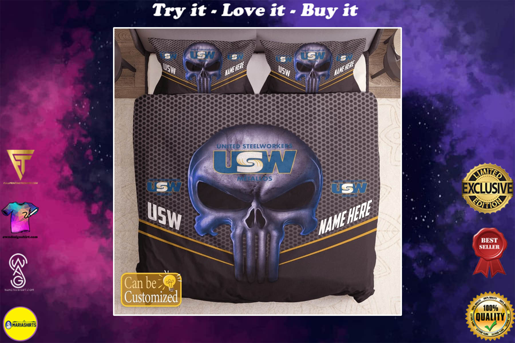 [special edition] custom name skull united steelworkers bedding set – maria