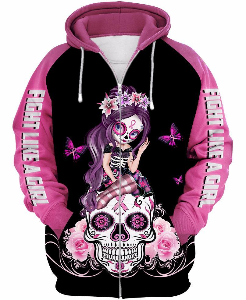 Sugar skull fairy figurine fight like a girl breast cancer awarenes 3d hoodie pink- maria