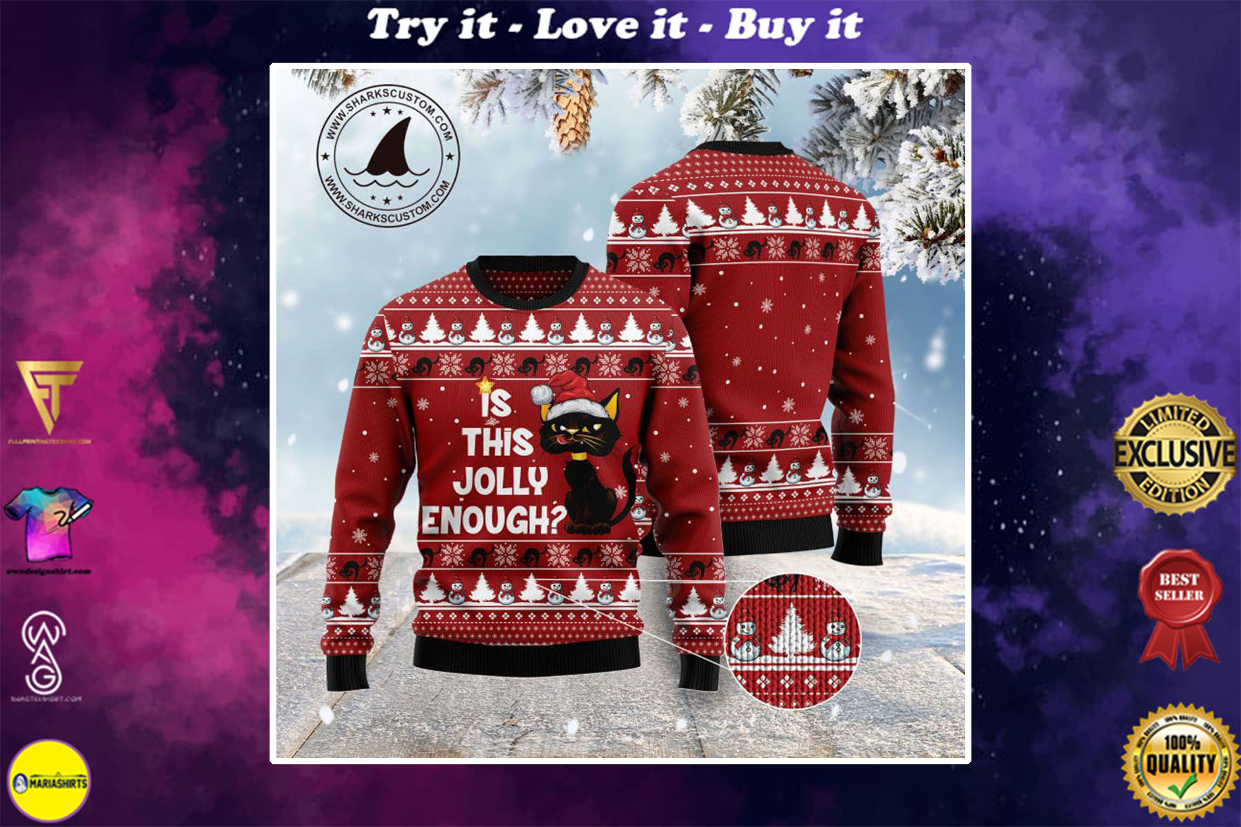 [special edition] christmas light black cat is this jolly enough all over printed ugly christmas sweater – maria