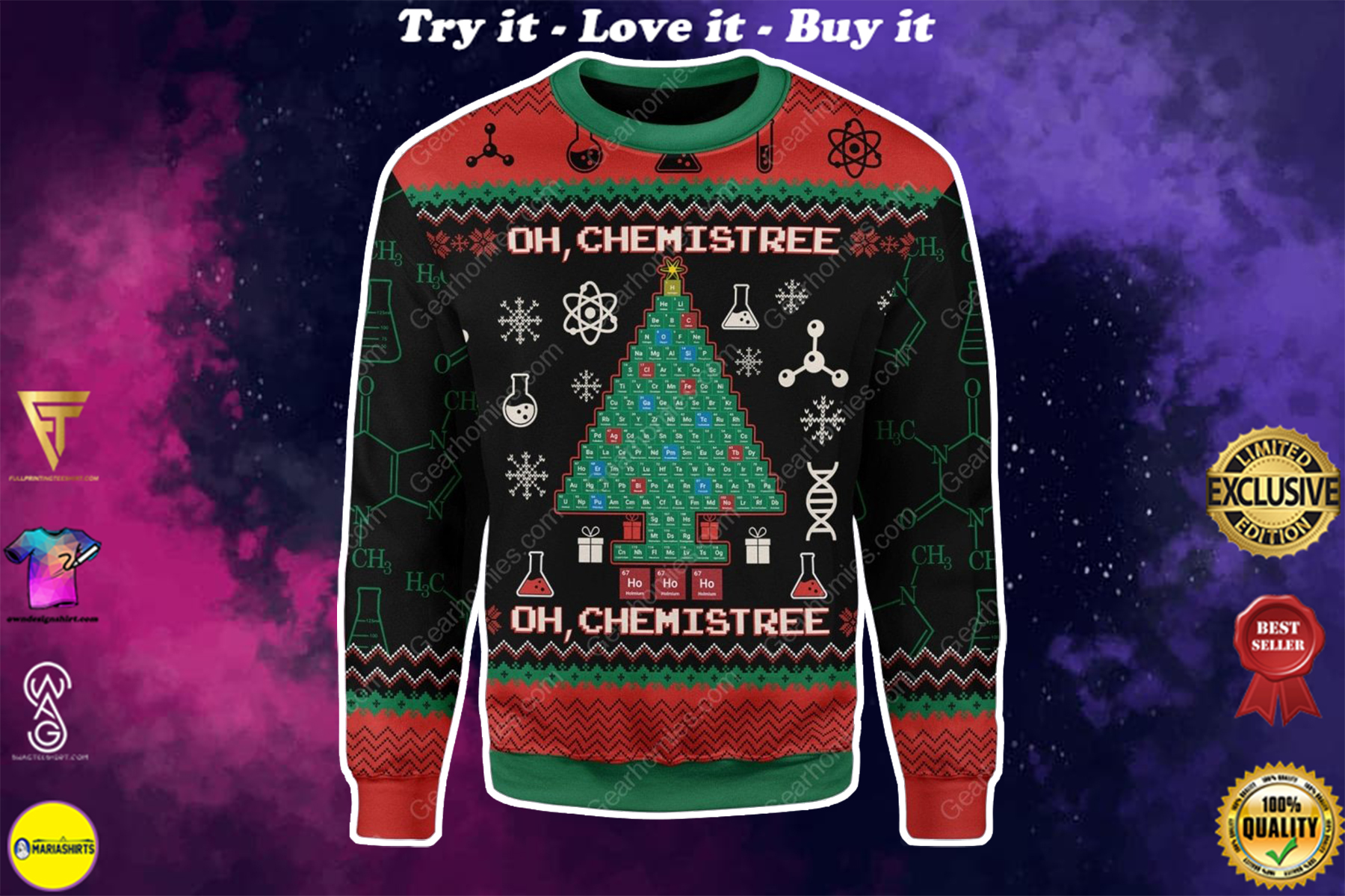 oh chemistree christmas tree all over printed ugly christmas sweater