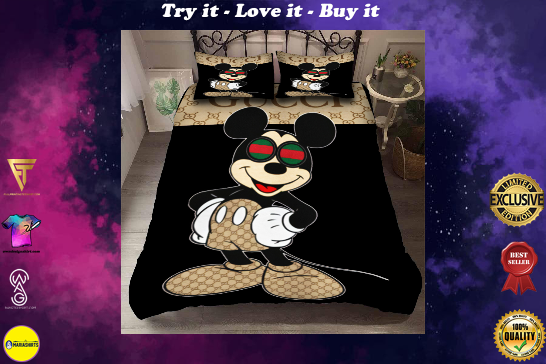 mickey mouse with gucci monogram bedding set