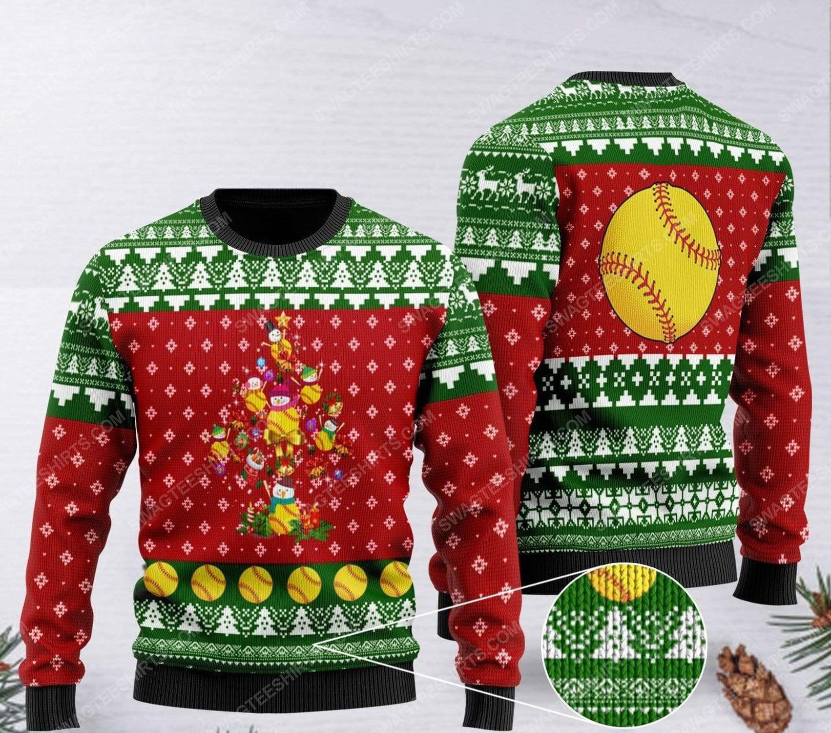 [special edition] Softball and christmas tree all over print ugly christmas sweater – maria