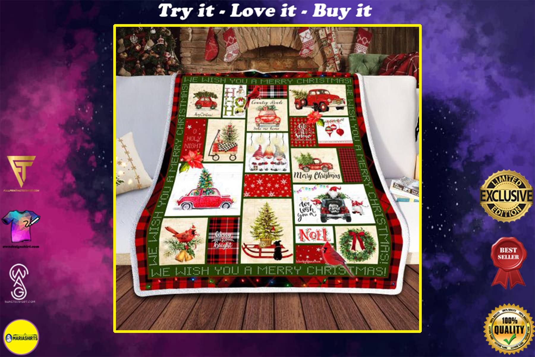 red truck and merry christmas all over print blanket