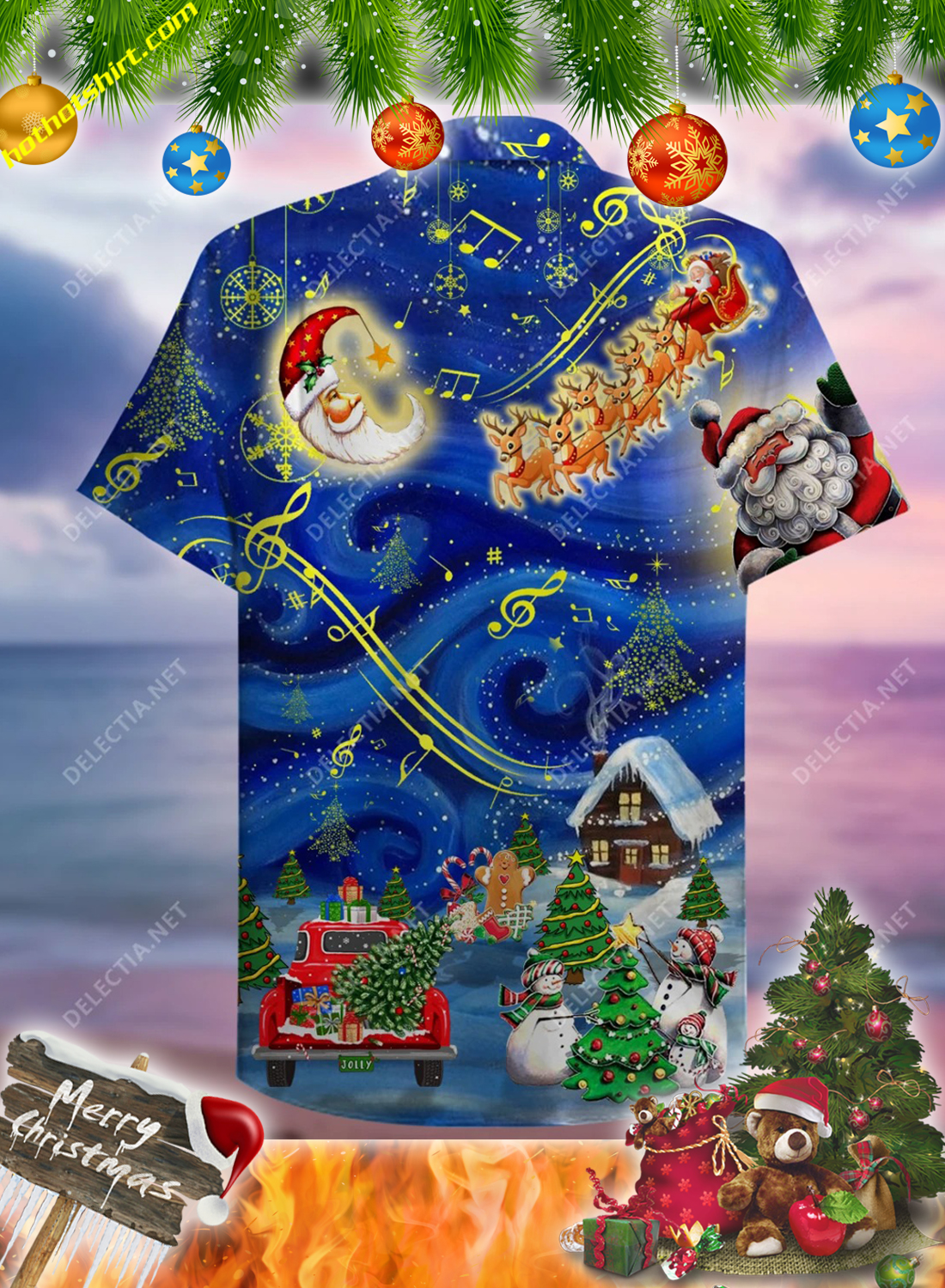 Santa and elk christmas sky hawaiian shirt 2