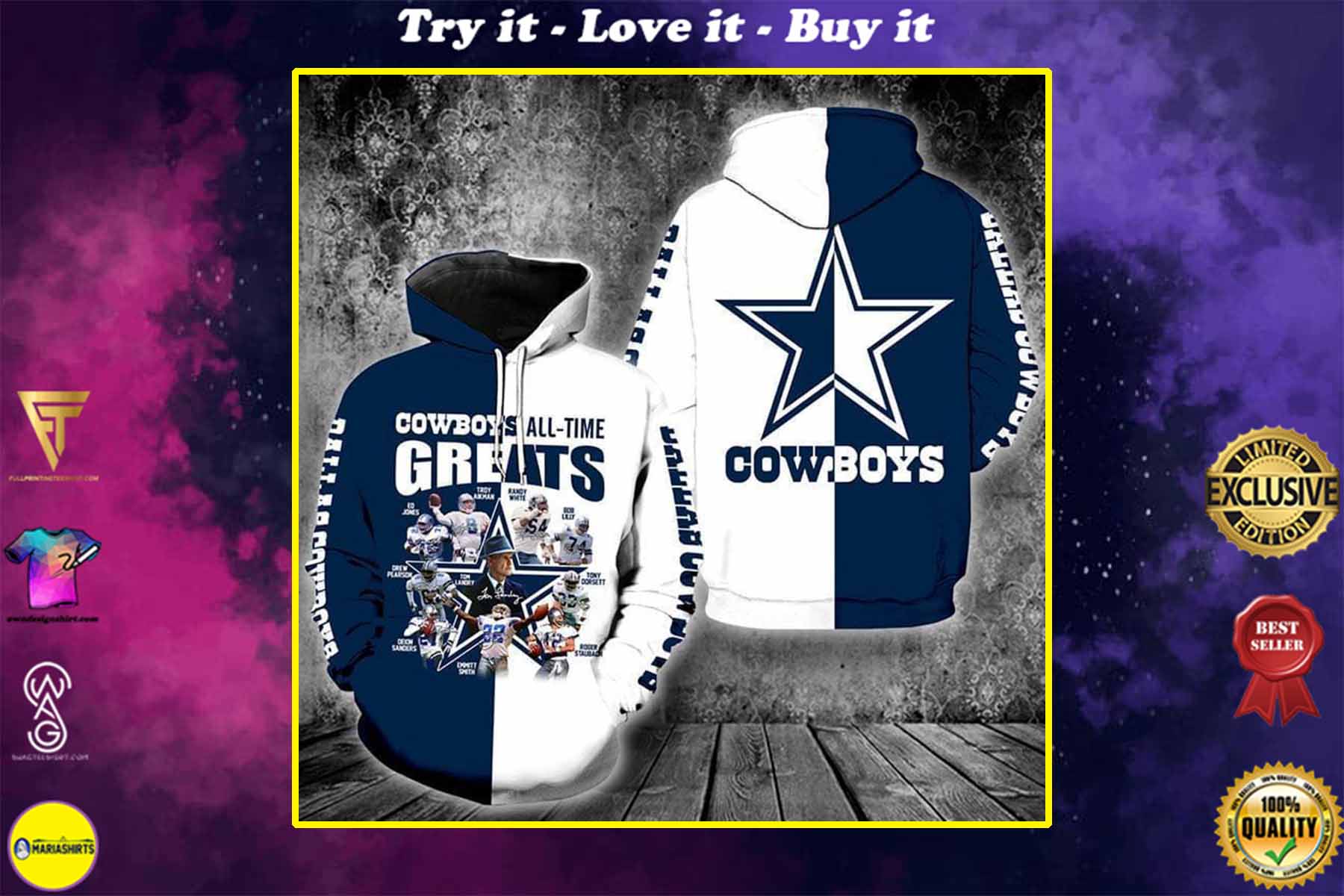the dallas cowboys all time greats full over printed shirt