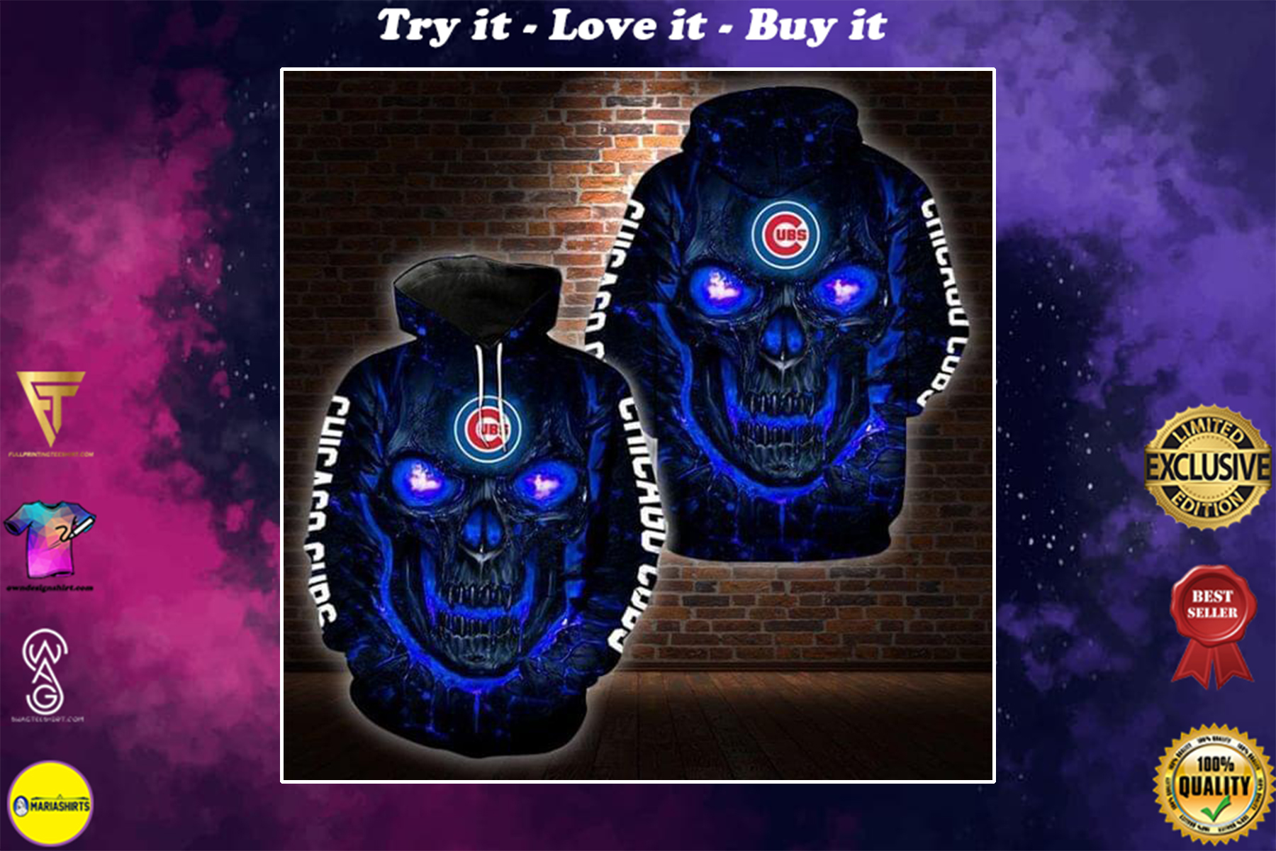 lava skull major league baseball chicago cubs full over printed shirt