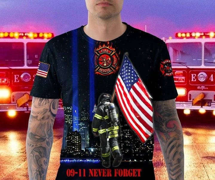 US firefighters 09 11 never forget all over printed t-shirt