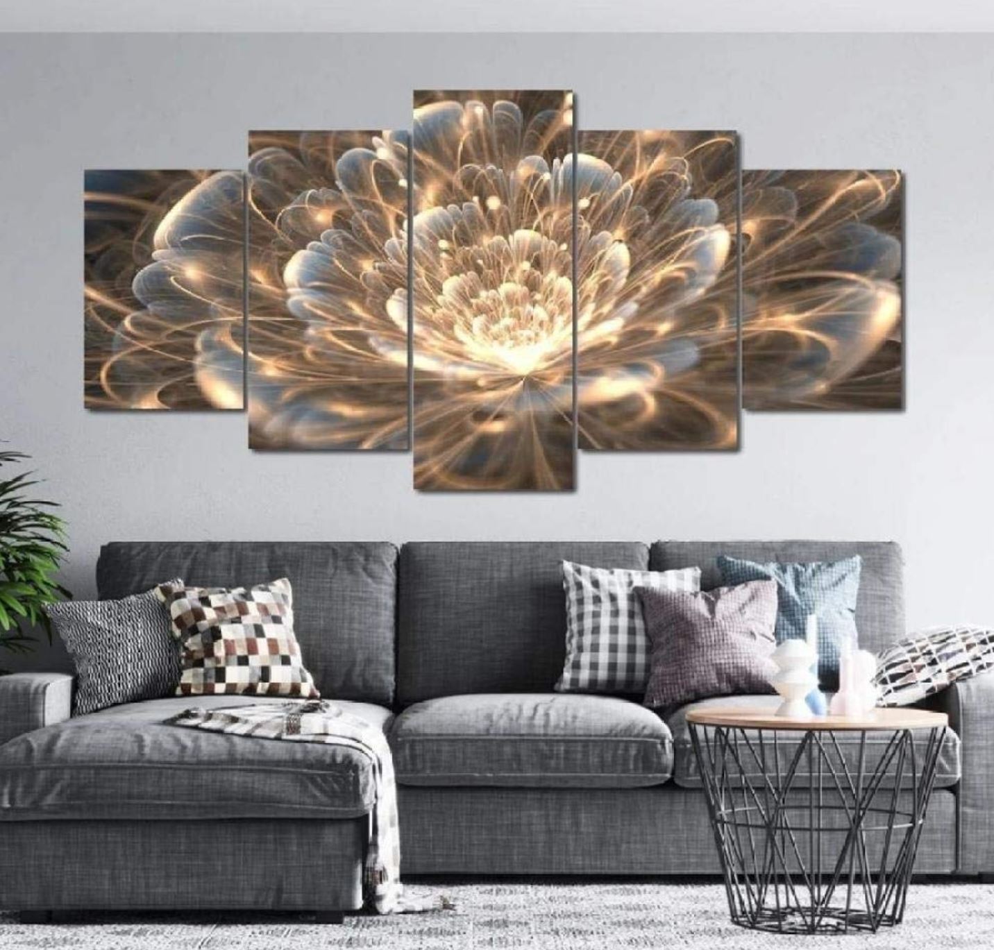 5 panels Golden Rays Fractal Flower Canvas Painting Wall Art Modern Home Decor – Maria