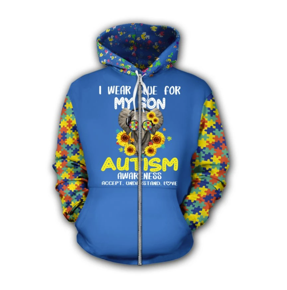 Elephant i wear blue for my son autism awareness all over printed 3D zip hoodie