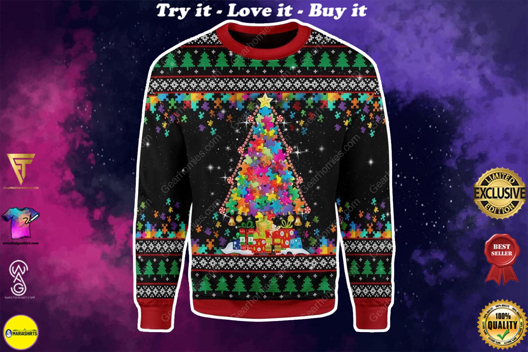christmas tree autism awareness all over printed ugly christmas sweater