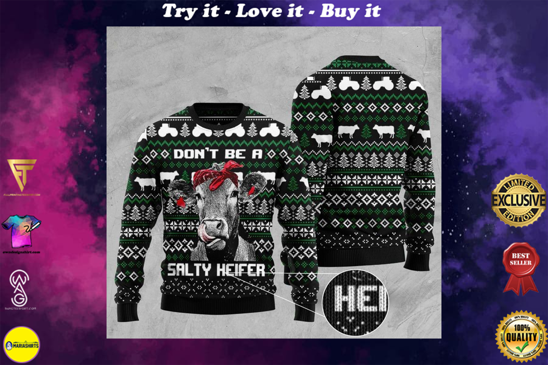 salty heifer full printing christmas sweater