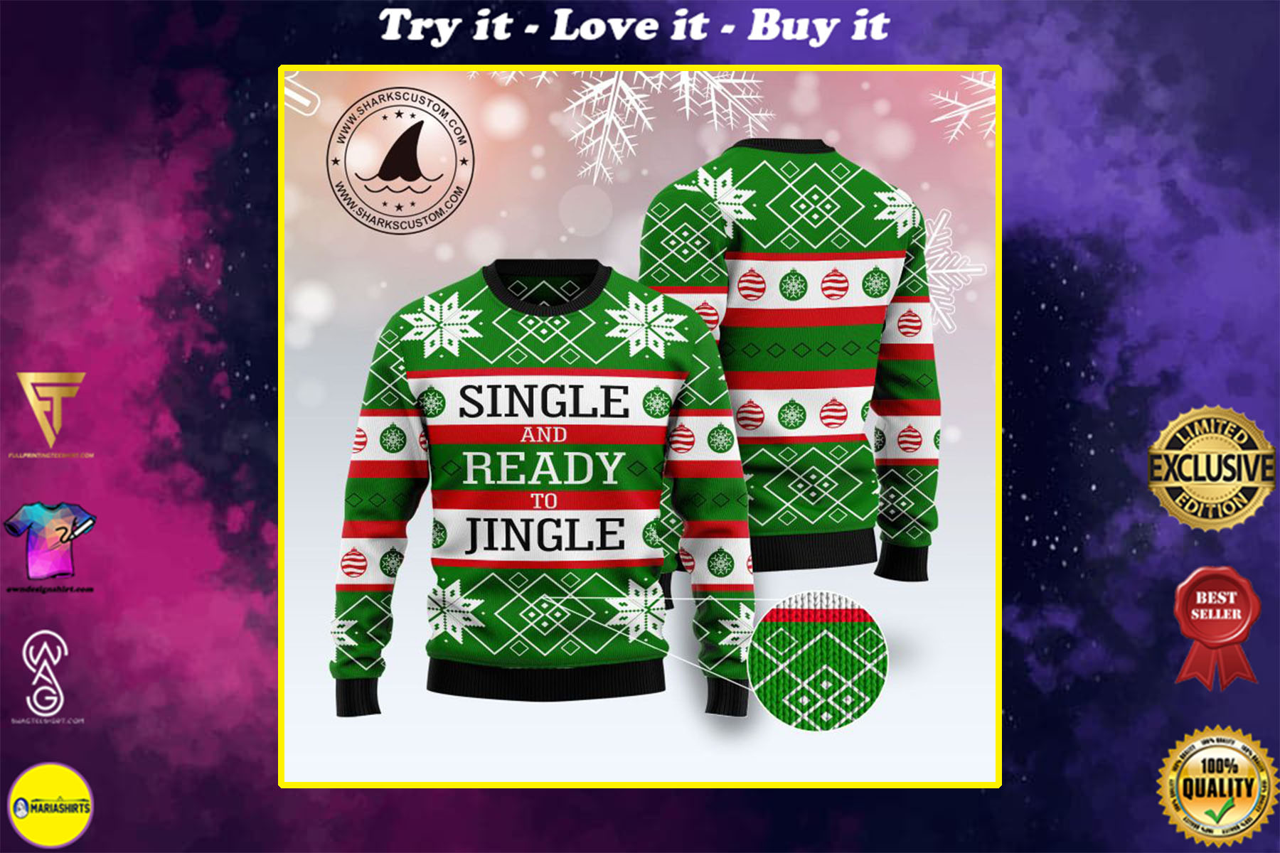 single and ready to jingle all over printed ugly christmas sweater