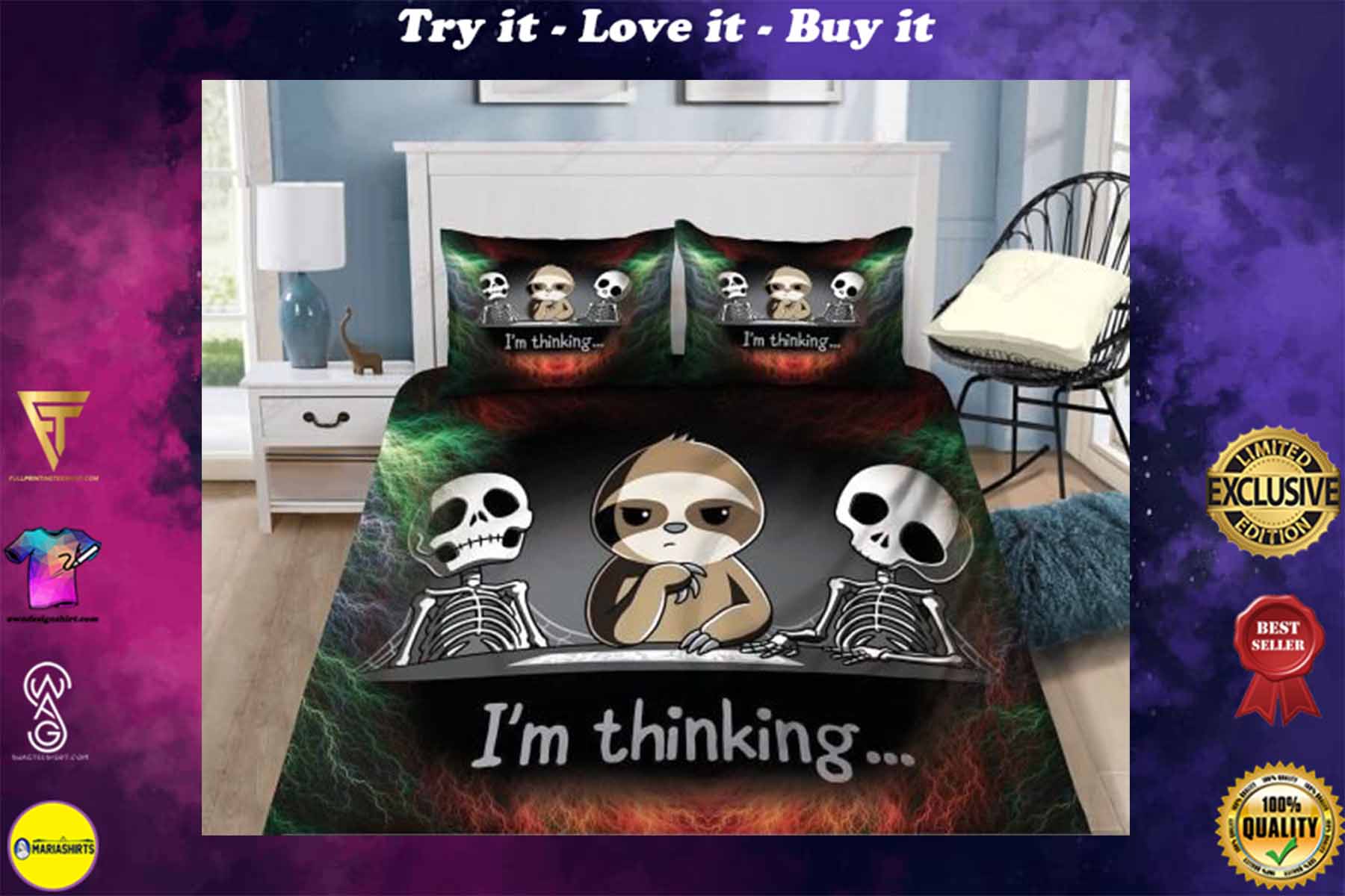 [special edition] skull and sloth im thinking bedding set – maria