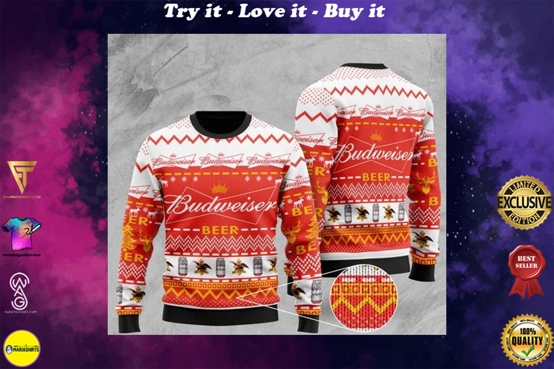 [special edition] budweiser beer all over printed christmas ugly sweater – maria