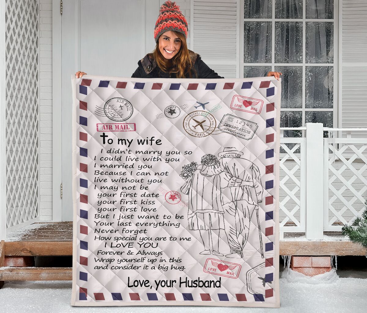 Letter air mail to my wife love your husband quilt blanket