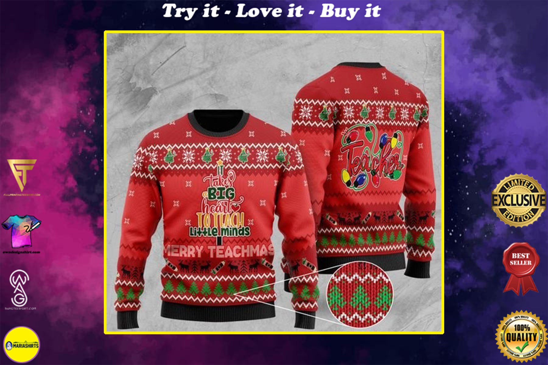 [special edition] teacher it takes big heart to teach little minds merry teachmas ugly christmas sweater – maria