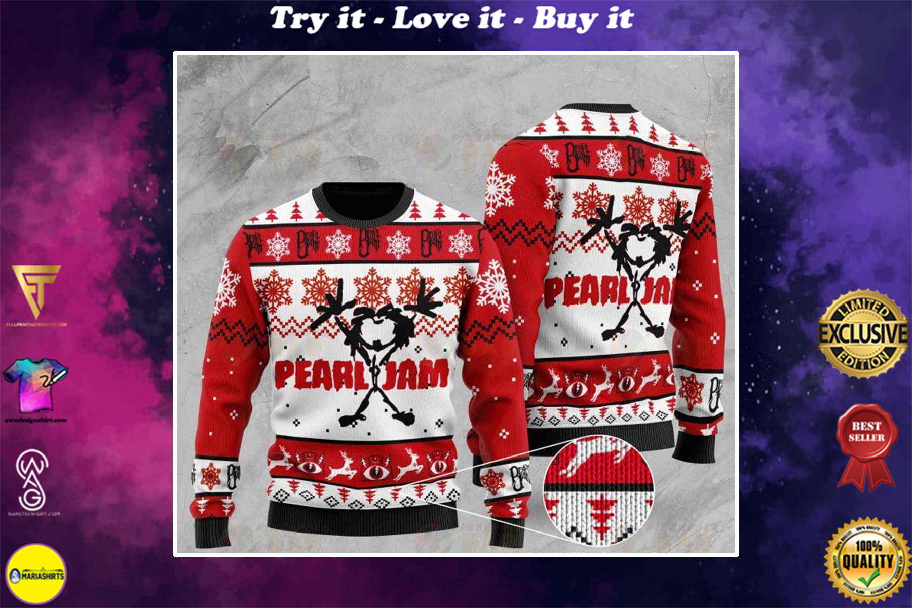 pearl jam rock band all over printed ugly christmas sweater
