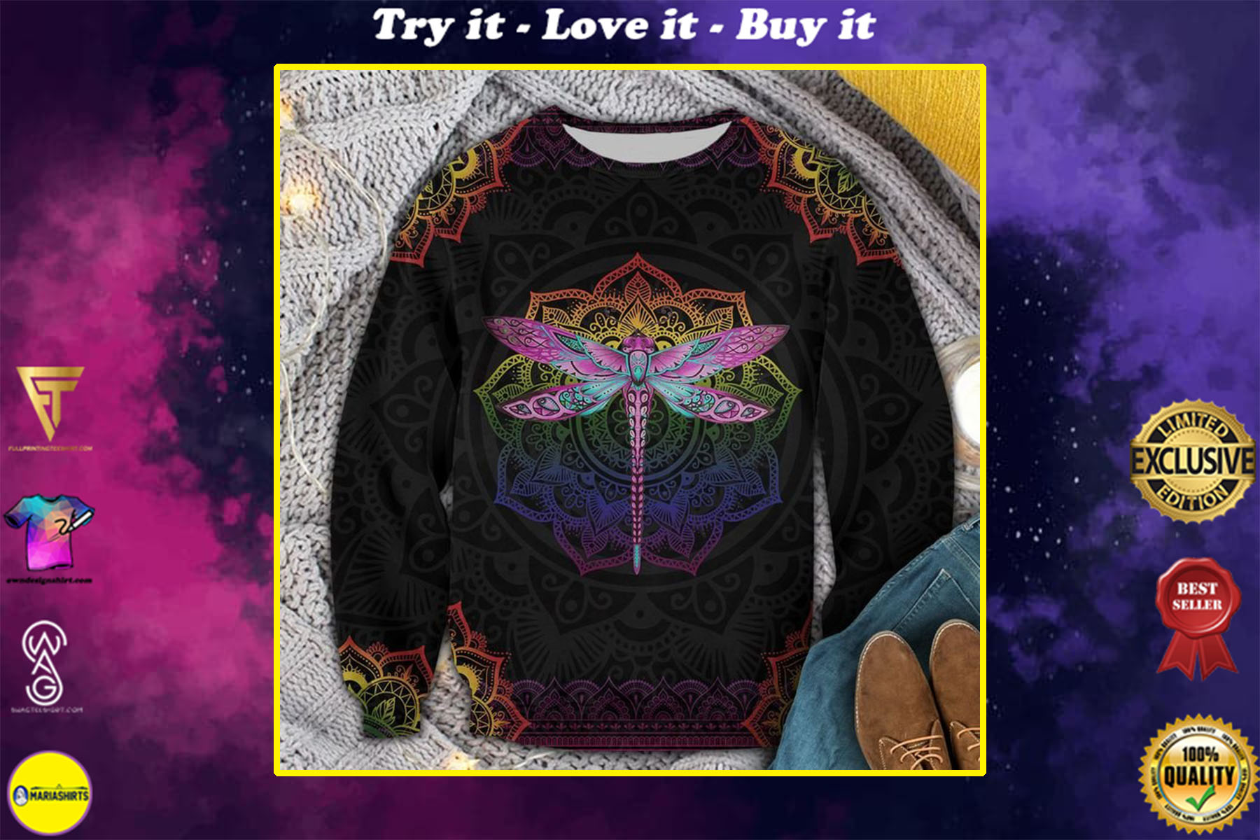 mandala dragonfly colorful all over printed ugly christmas sweater
