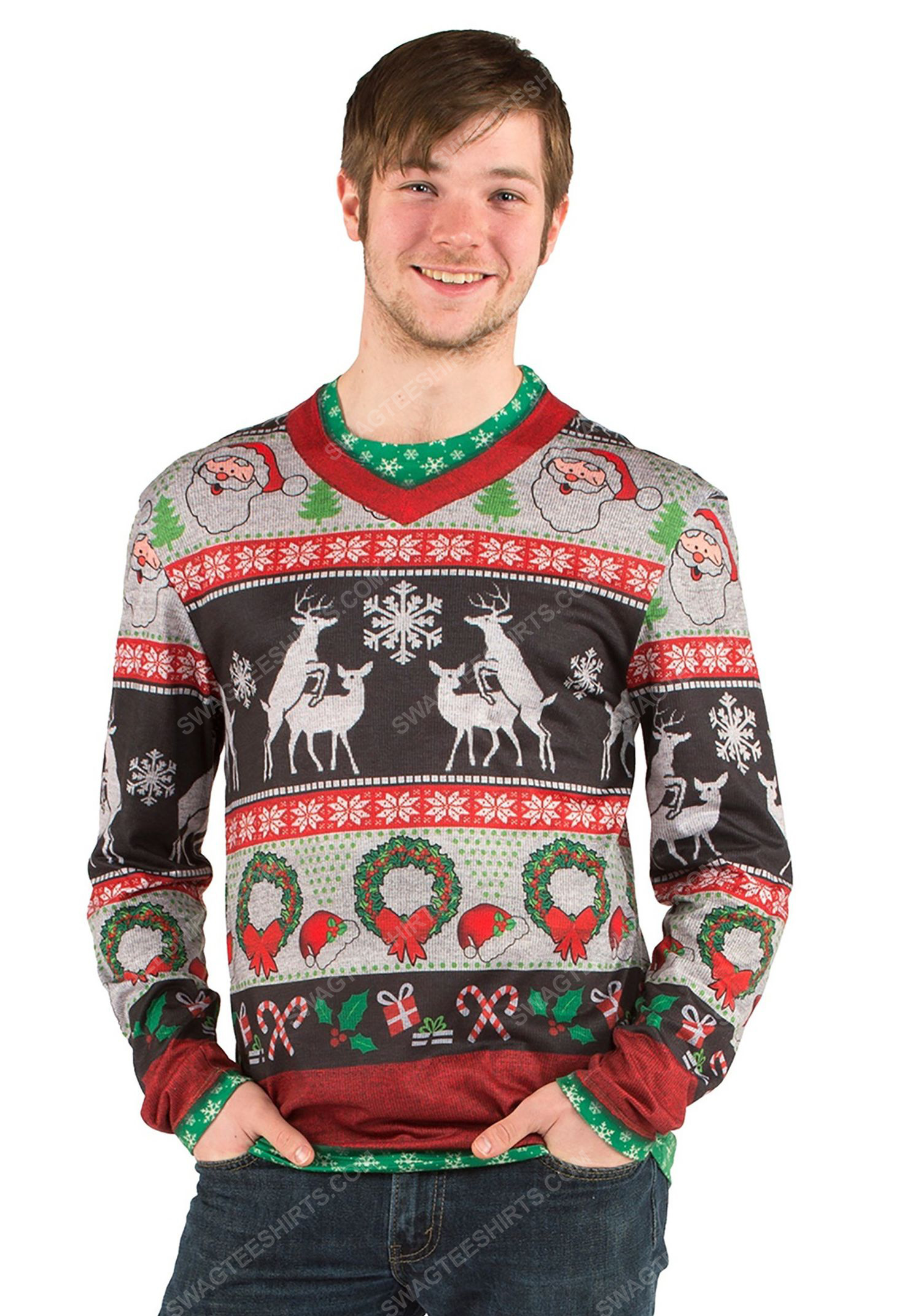 [special edition] Christmas holiday frisky deer full print ugly christmas sweater – maria