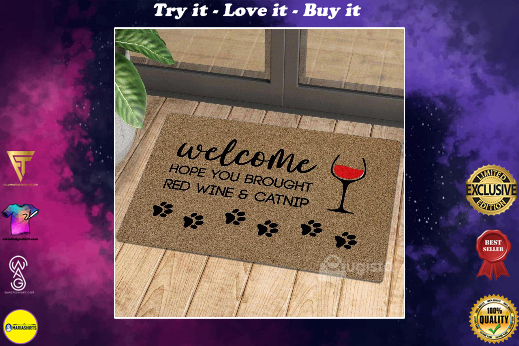 [special edition] welcome hope you brought red wine and catnip doormat – maria
