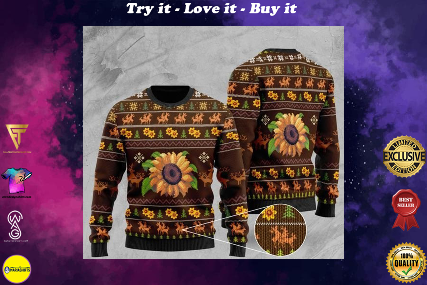 [special edition] sunflower all over printed christmas ugly sweater – maria