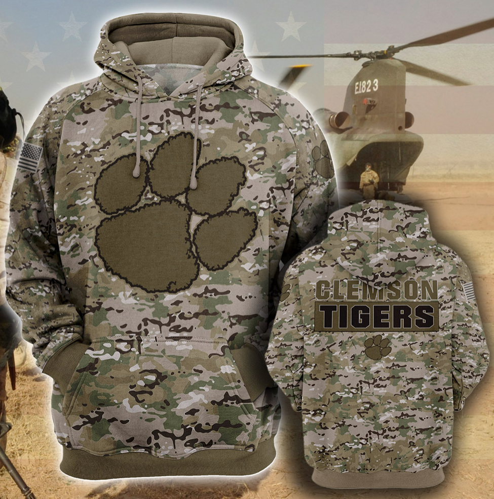 Army camo Clemson Tigers all over printed 3D hoodie