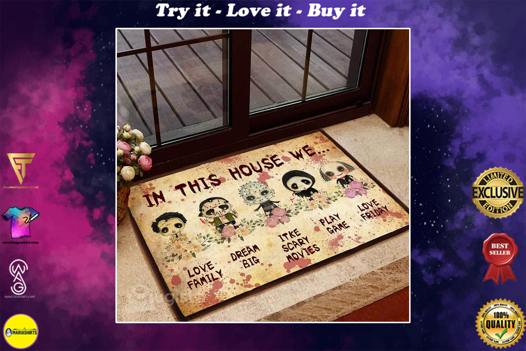horror killers chibi in this house we love family doormat