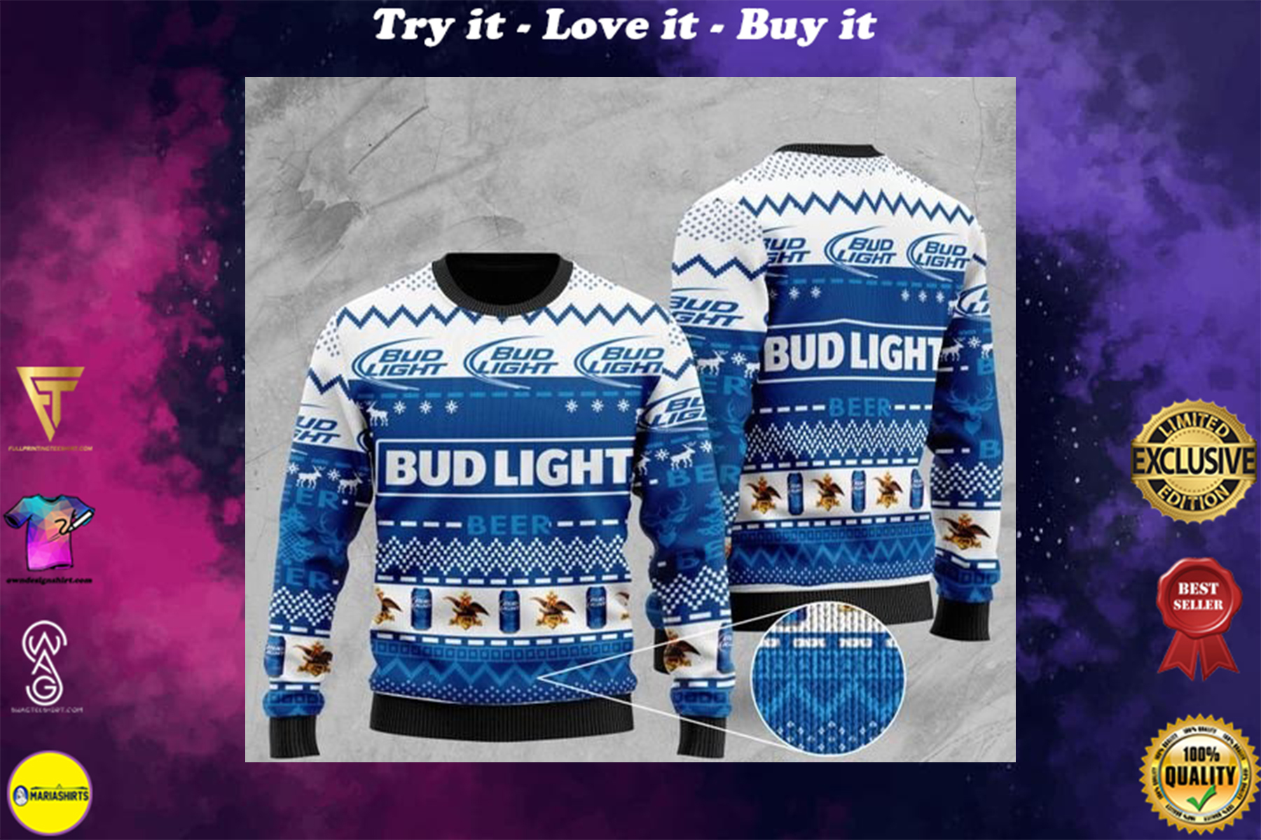 [special edition] bud light beer all over printed christmas ugly sweater – maria