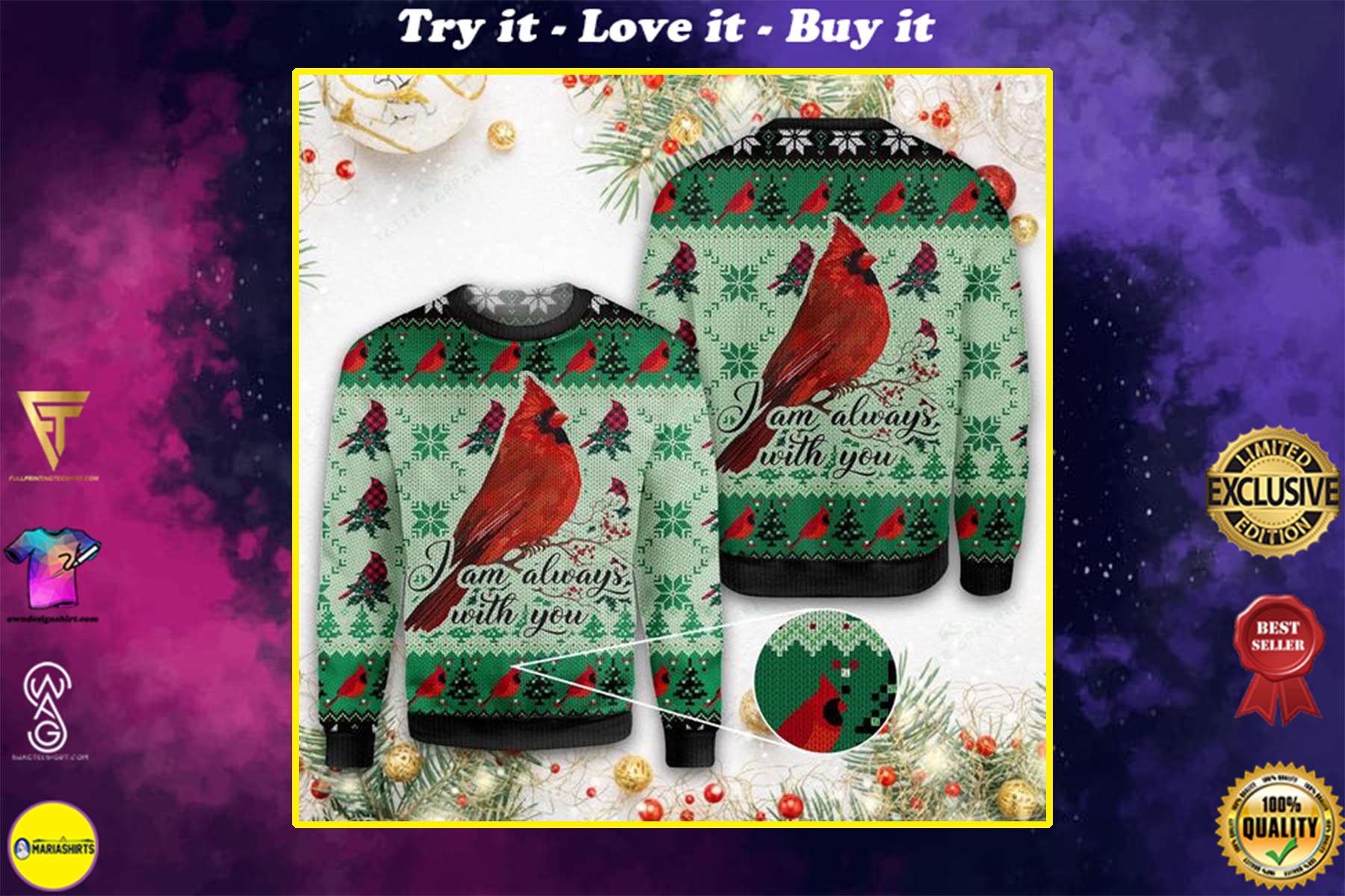 cardinal i am always with you all over printed ugly christmas sweater