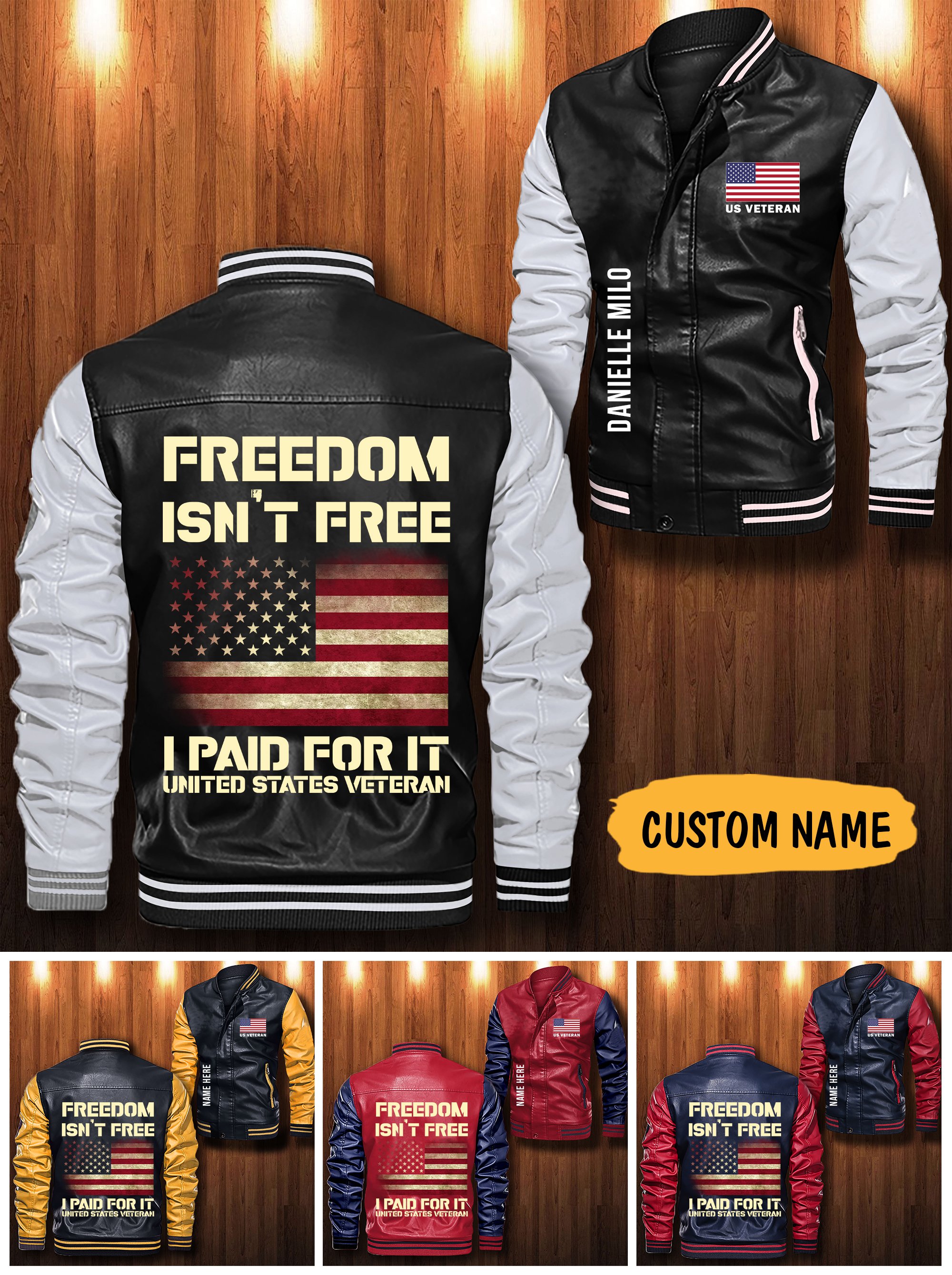 American flag Freedom isn't free i paid for it custom personalized Leather Bomber Jacket 1