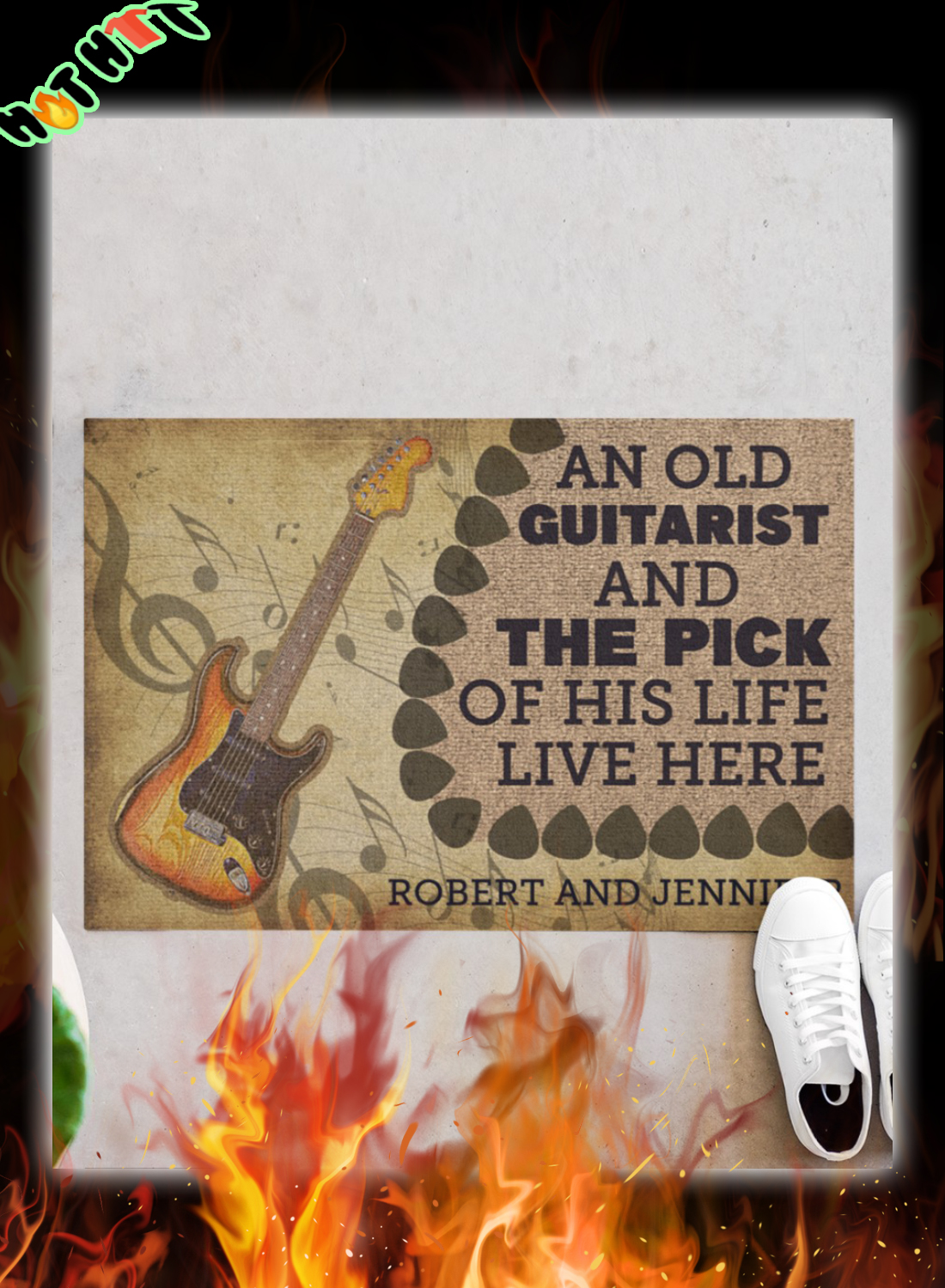 An old guitarist and the pick of his life personalized doormat 1