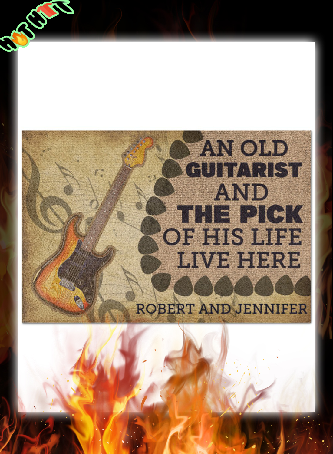An old guitarist and the pick of his life personalized doormat