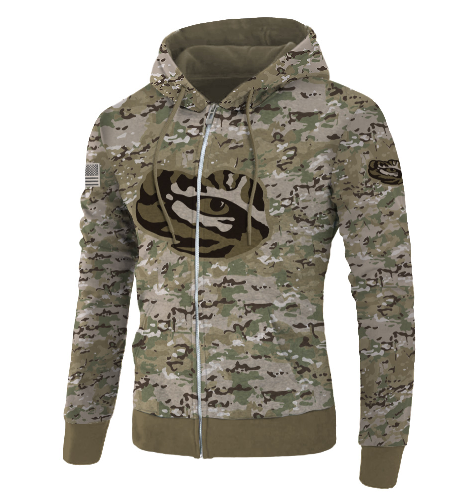 Army camo LSU Tigers all over printed 3D zip hoodie