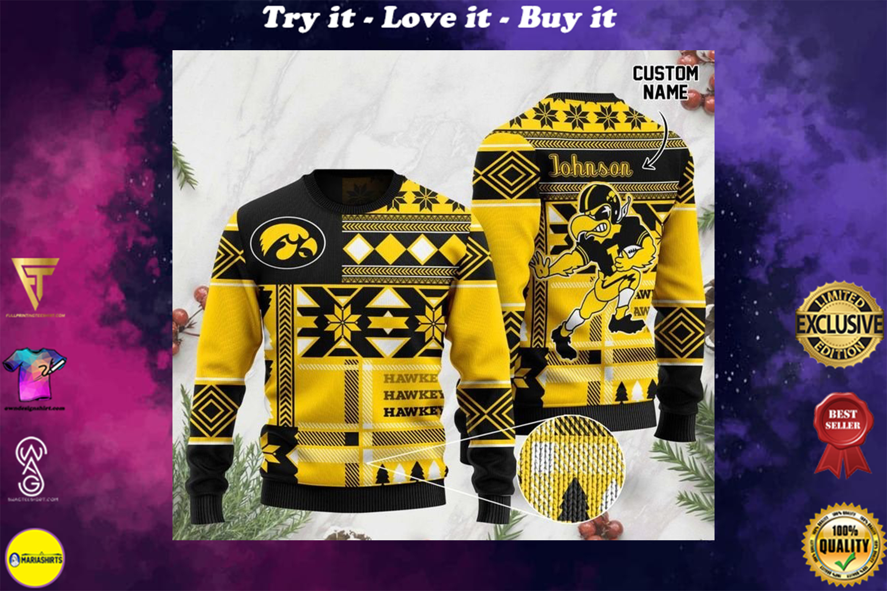 [special edition] custome name iowa hawkeyes football team christmas ugly sweater – maria