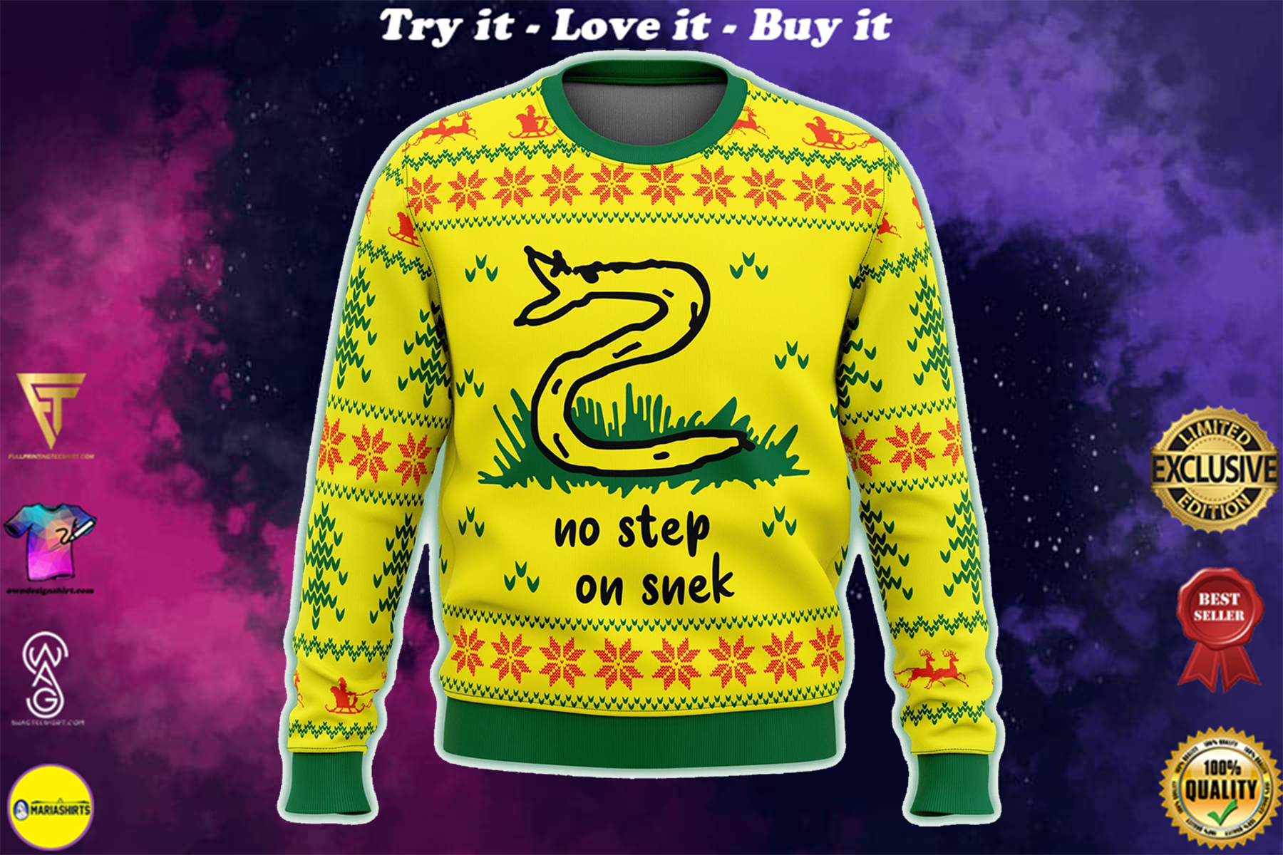no step on snek all over printed ugly christmas sweater