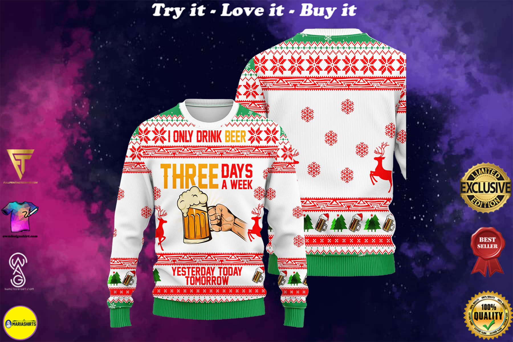 i only drink beer three days a week all over printed ugly christmas sweater