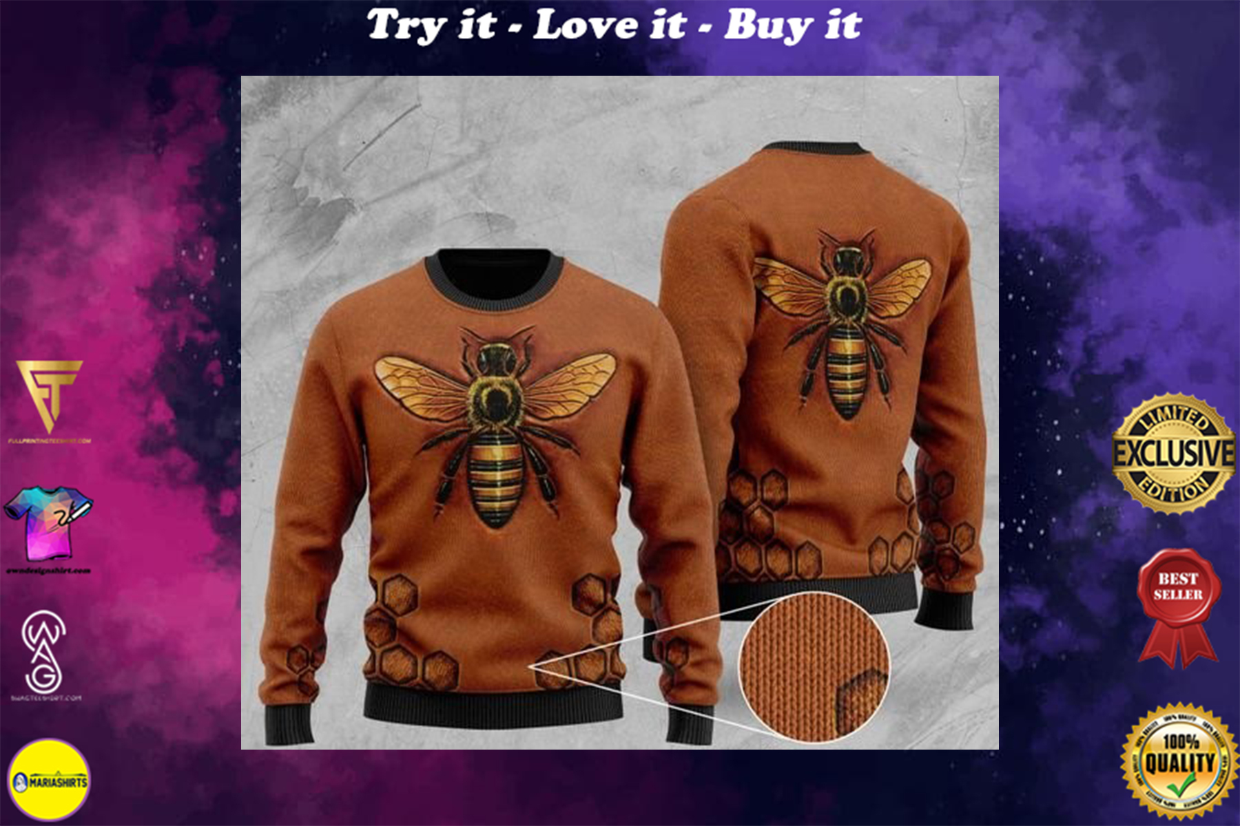 [special edition] love bee all over printed christmas ugly sweater – maria