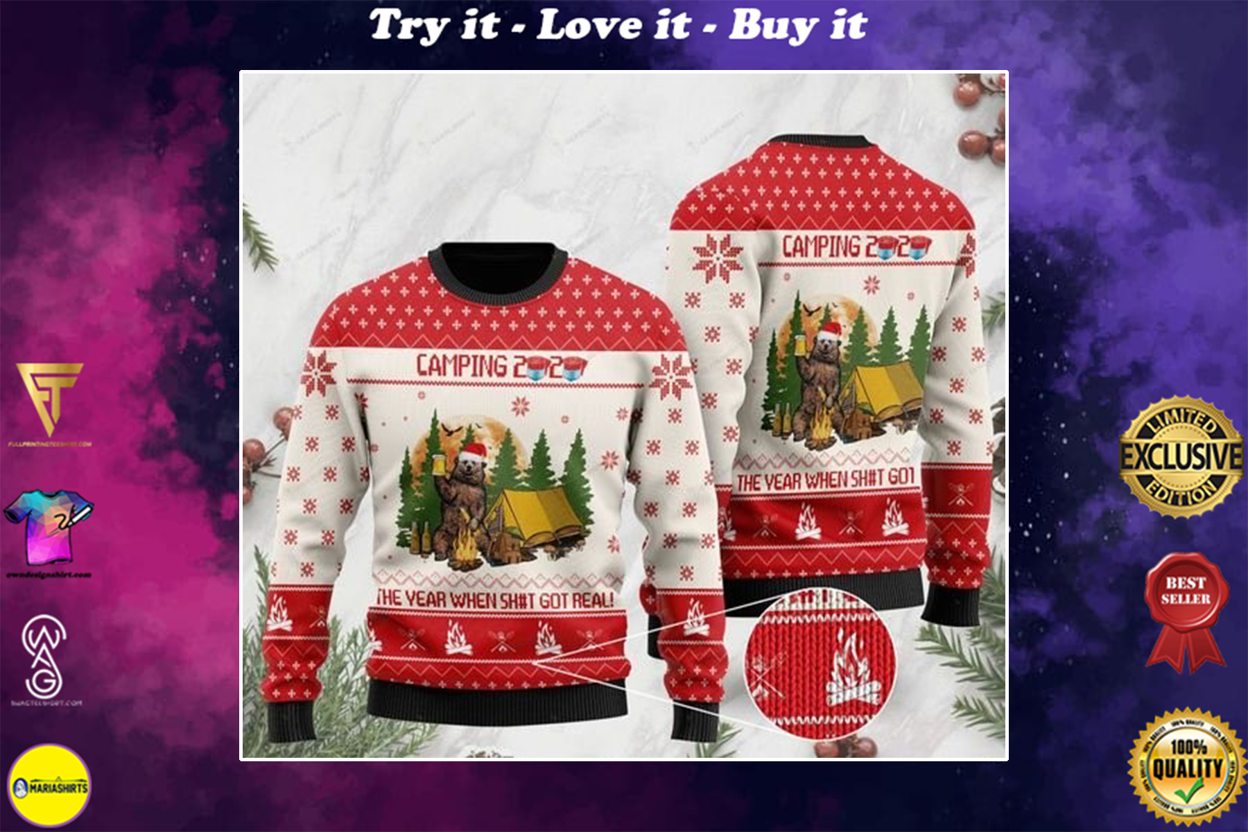 [special edition] camping 2020 bear drinking beer at the campsite christmas ugly sweater – maria