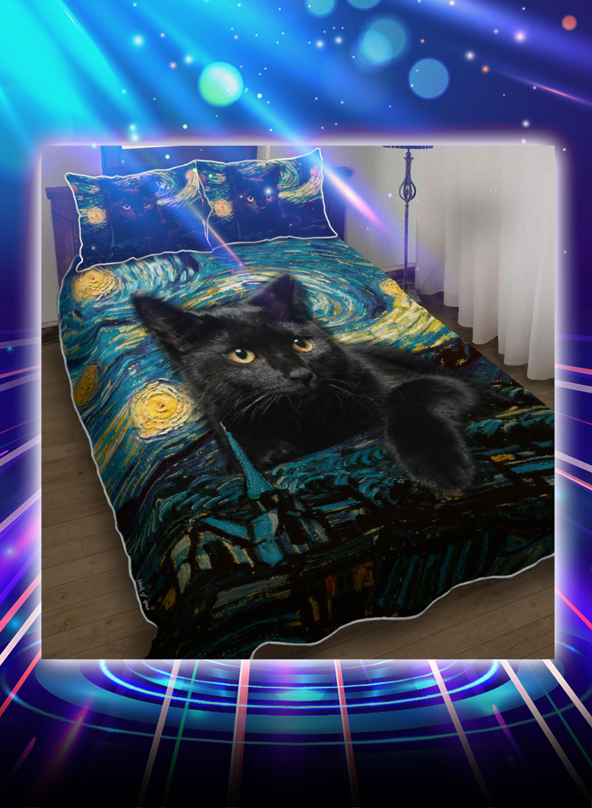 Black cat starry night bedding set - Picture 1