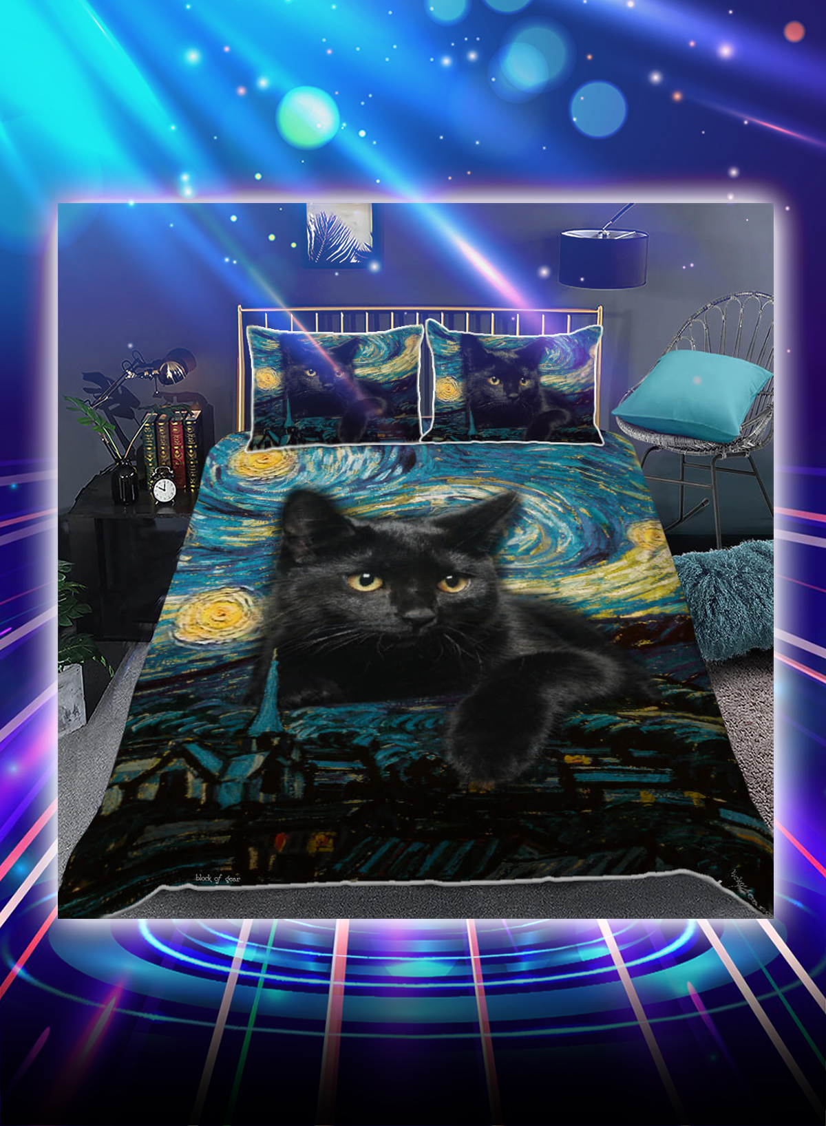 Black cat starry night bedding set