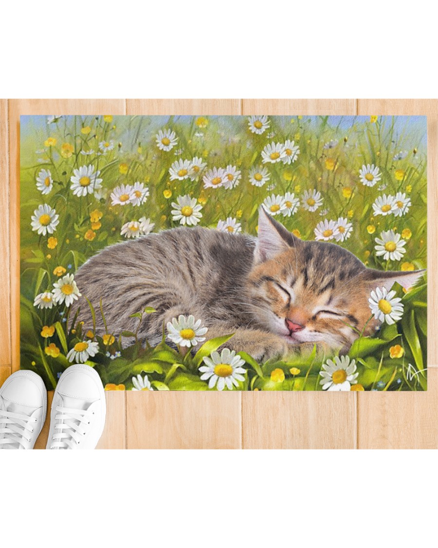 Cat sleeping on flower garden doormat Picture 1
