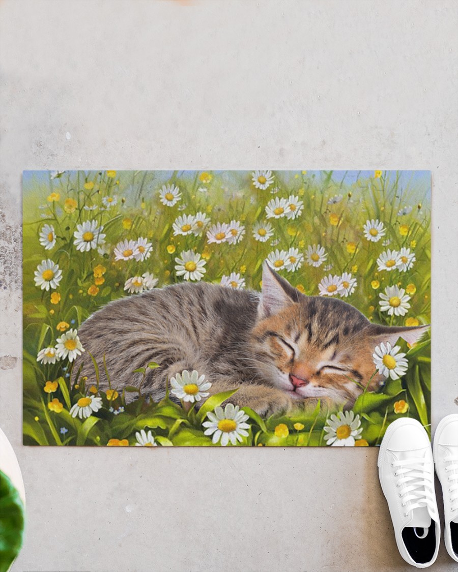 Cat sleeping on flower garden doormat Picture 2