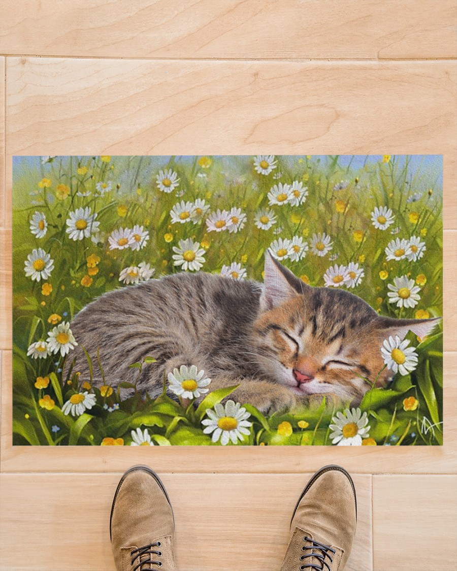Cat sleeping on flower garden doormat