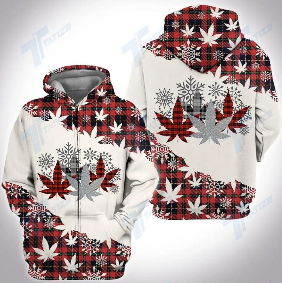 Christmas tartan weed all over printed 3D zip hoodie