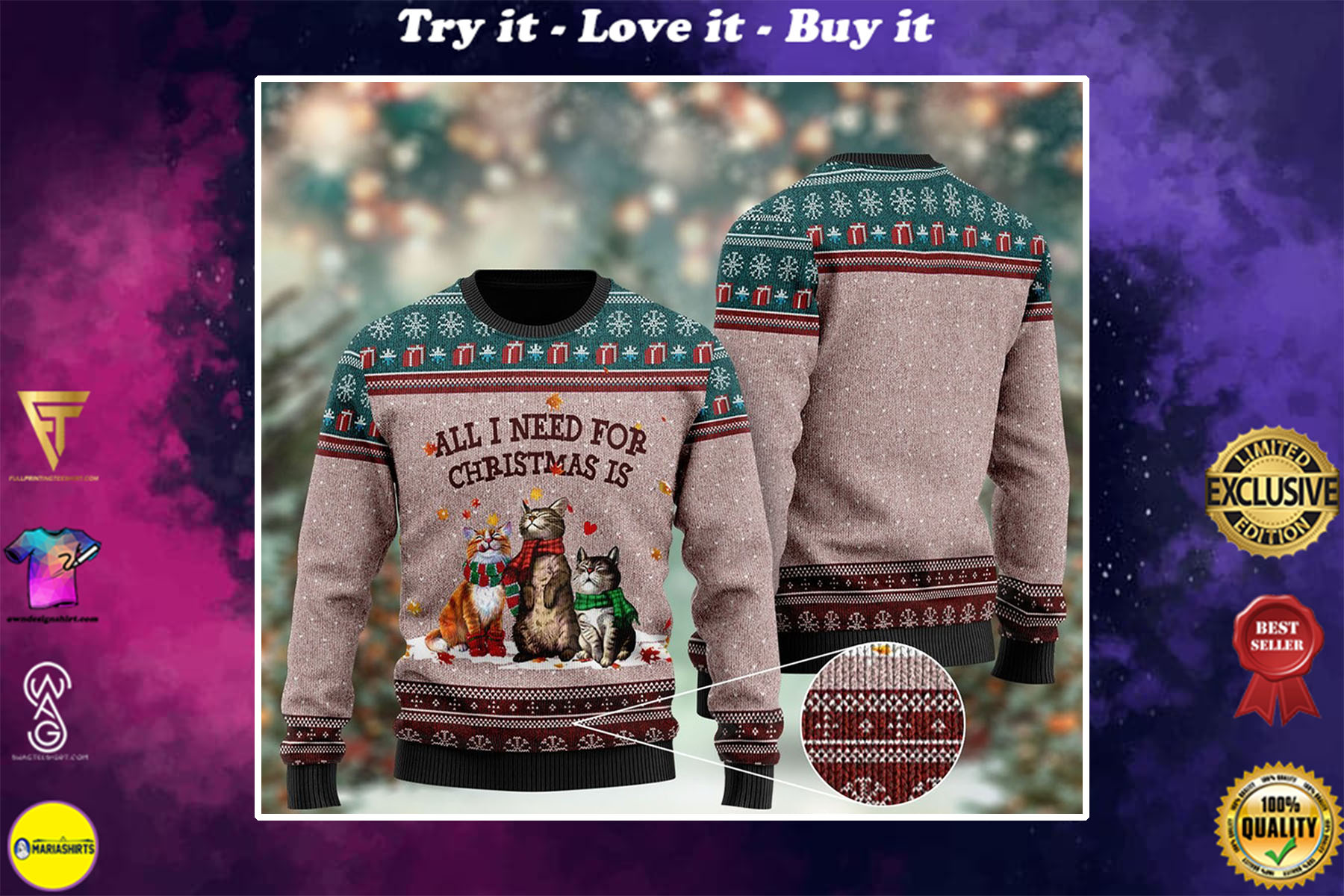 [special edition] all i need for christmas is cat all over printed ugly christmas sweater – maria